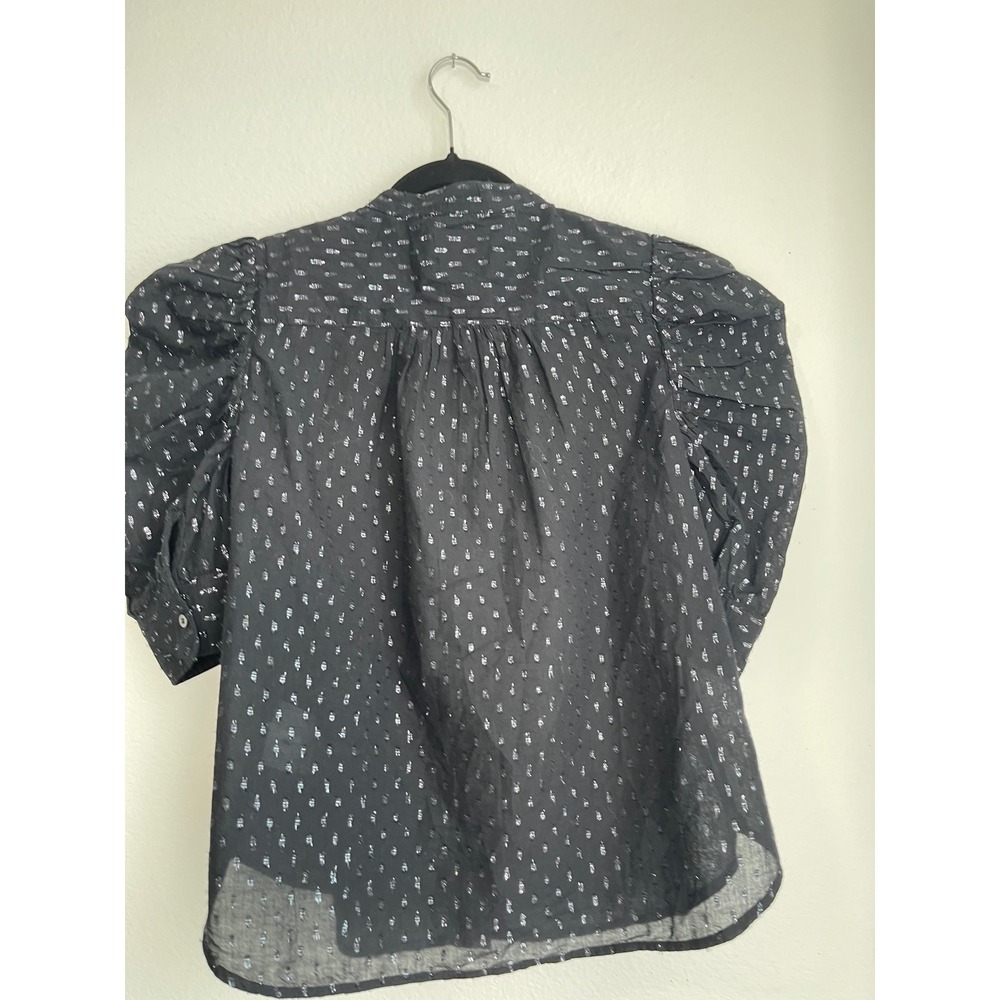 Gap Womens Black Silver Metallic Clip Dot Puff Sleeve Button Front Blouse M - Picture 5 of 12